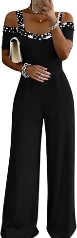 Women's Cold Shoulder Jumpsuit with Crystal Embellished Neckline, Wide Leg, Black in Saudi Arabia