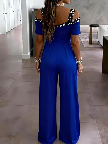 Women's Cold Shoulder Jumpsuit with Crystal Embellished Neckline, Wide Leg, Black in Saudi Arabia