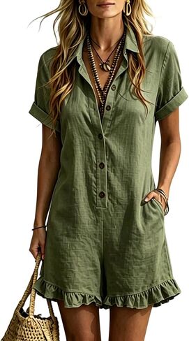 Ruffle Romper for Women Short Sleeve Collared Button Down Linen Short Jumpsuit with Pockets Summer Vacation Beach Boho Outfit in Kuwait