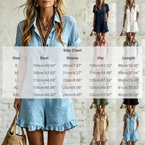 Ruffle Romper for Women Short Sleeve Collared Button Down Linen Short Jumpsuit with Pockets Summer Vacation Beach Boho Outfit in Kuwait