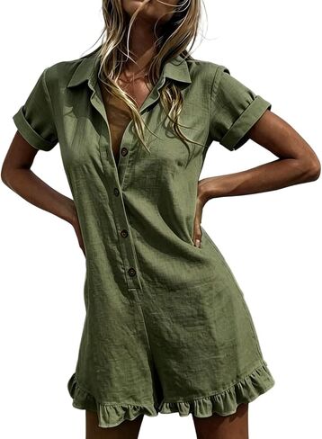 Ruffle Romper for Women Short Sleeve Collared Button Down Linen Short Jumpsuit with Pockets Summer Vacation Beach Boho Outfit in Kuwait