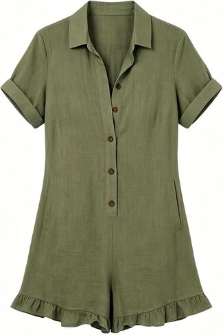 Ruffle Romper for Women Short Sleeve Collared Button Down Linen Short Jumpsuit with Pockets Summer Vacation Beach Boho Outfit in Kuwait