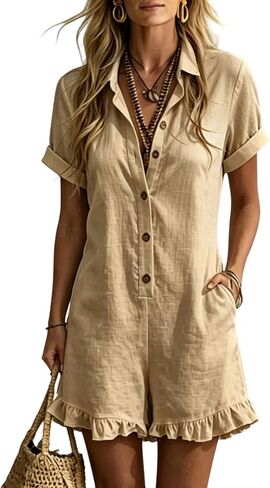 Ruffle Romper for Women Short Sleeve Collared Button Down Linen Short Jumpsuit with Pockets Summer Vacation Beach Boho Outfit in Kuwait