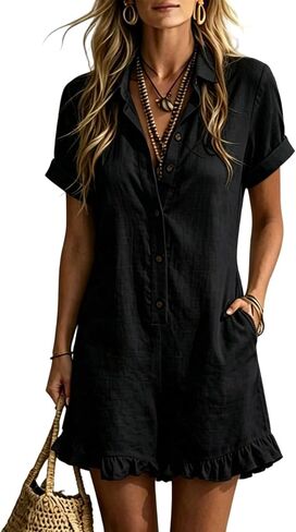 Ruffle Romper for Women Short Sleeve Collared Button Down Linen Short Jumpsuit with Pockets Summer Vacation Beach Boho Outfit in Kuwait
