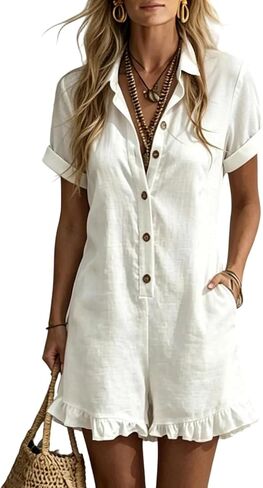 Ruffle Romper for Women Short Sleeve Collared Button Down Linen Short Jumpsuit with Pockets Summer Vacation Beach Boho Outfit in Kuwait