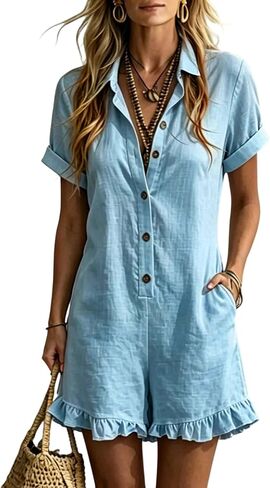 Ruffle Romper for Women Short Sleeve Collared Button Down Linen Short Jumpsuit with Pockets Summer Vacation Beach Boho Outfit in Kuwait