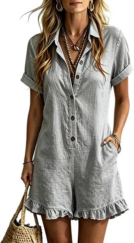 Ruffle Romper for Women Short Sleeve Collared Button Down Linen Short Jumpsuit with Pockets Summer Vacation Beach Boho Outfit in Kuwait