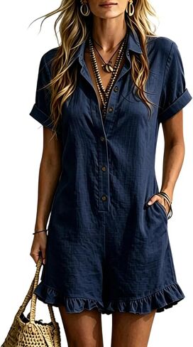 Ruffle Romper for Women Short Sleeve Collared Button Down Linen Short Jumpsuit with Pockets Summer Vacation Beach Boho Outfit in Kuwait