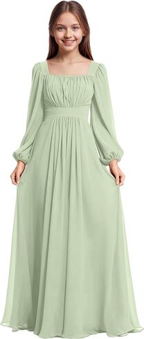 Junior Bridesmaid Dress Chiffon Long Sleeve Flower Girl Dress Square Neck Princess Pageant Communion Dresses in Saudi Arabia