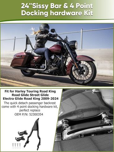 24" Motorcycle Sissy Bar for Harley, Integrated Passenger Backrest compatible with Touring CVO Street Glide Road Glide Electra Glide Road King FLHR FLHX FLHT FLTR 2009-2024(Black) in Kuwait