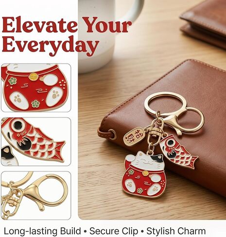 2Pcs Lucky Cat Keychain Japanese Cat Charm for Wealth and Fortune Feng Shui Bag Charm Japan Souvenir Good Luck Accessory in Kuwait