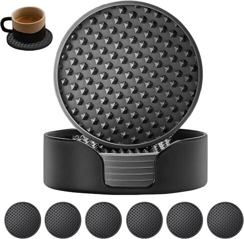 Silicone Coasters 6 Pack with Holder, Non-Slip Non-Stick Heat Resistant Cup Mat, Washable for Home Office Bar (Black) in Saudi Arabia