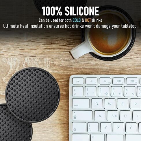 Silicone Coasters 6 Pack with Holder, Non-Slip Non-Stick Heat Resistant Cup Mat, Washable for Home Office Bar (Black) in Saudi Arabia