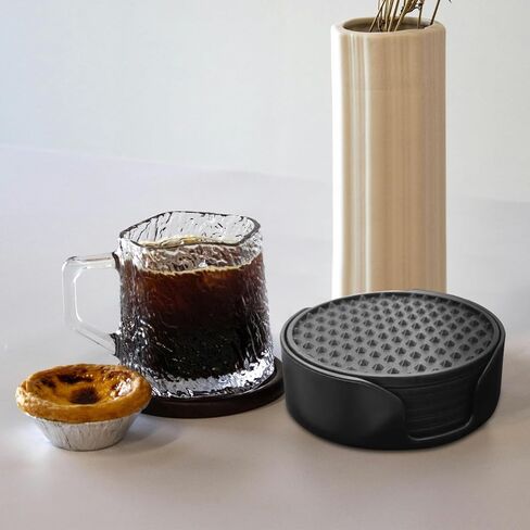 Silicone Coasters 6 Pack with Holder, Non-Slip Non-Stick Heat Resistant Cup Mat, Washable for Home Office Bar (Black) in Saudi Arabia