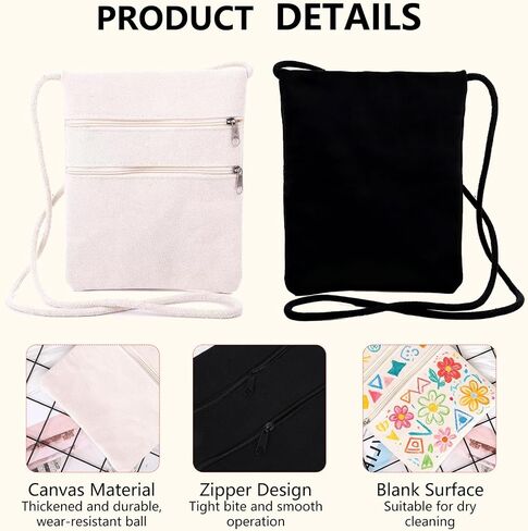 2-Pack Blank Canvas DIY Craft Double Zip Bags 15x19cm Crossbody Bag Small Sling Painting Bag Reusable Casual Shoulder Purse in Saudi Arabia