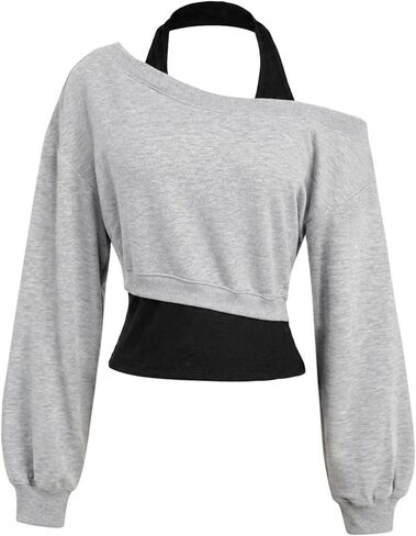Remidoo Women's Off Shoulder Crop Sweatshirt Halter Neck Long Sleeve Tops Casual Layered Going Out Shirt in Kuwait