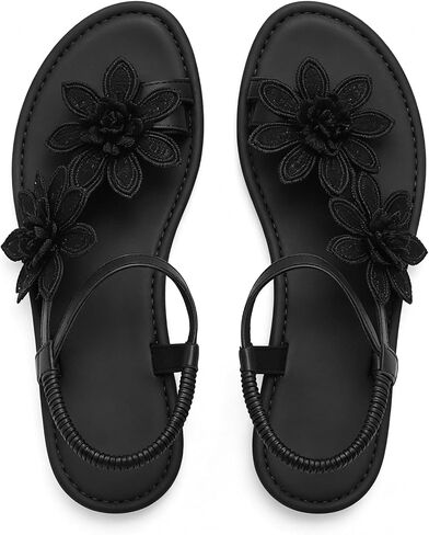Women's Fashion Floral Embroidered Flat Sandals with A Single Strap, Open-toe Design, Ankle Straps, Suitable for Vacation Beach Wear, Comfortable Beach Shoes in Kuwait