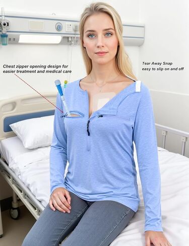 Chemo Port Shirts for Women Long Sleeve Post-Surgery Recovery with 2 Side Snaps Shoulder Surgery & Dialysis Recovery Shirts in Saudi Arabia