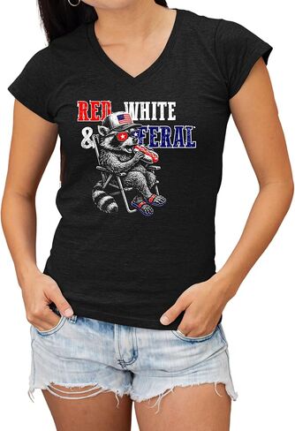 Go All Out Red White & Feral Funny Raccoon USA July 4th Women V Neck T-Shirt in Kuwait