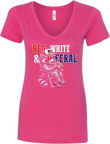Go All Out Red White & Feral Funny Raccoon USA July 4th Women V Neck T-Shirt in Kuwait