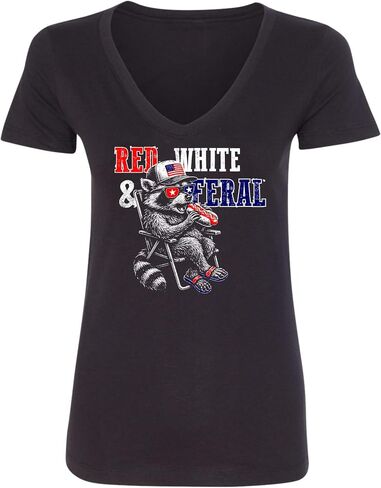 Go All Out Red White & Feral Funny Raccoon USA July 4th Women V Neck T-Shirt in Kuwait