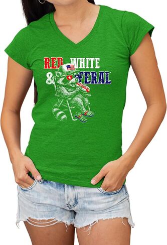 Go All Out Red White & Feral Funny Raccoon USA July 4th Women V Neck T-Shirt in Kuwait