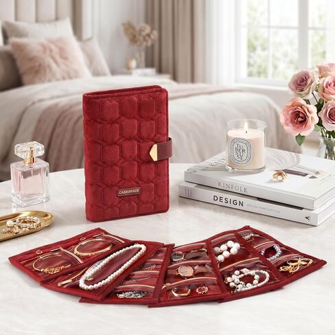 CASEGRACE Travel Jewelry Organizer Case, Portable Jewelry Storage Book with Clear Zipper Velvet Jewelry Pouch Bag, Velvet Travel Jewelry Box for Women, Christmas Gift, Red in Saudi Arabia
