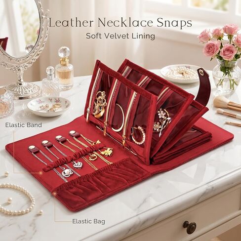 CASEGRACE Travel Jewelry Organizer Case, Portable Jewelry Storage Book with Clear Zipper Velvet Jewelry Pouch Bag, Velvet Travel Jewelry Box for Women, Christmas Gift, Red in Saudi Arabia