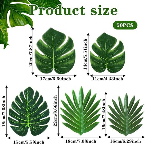 50Pcs Artificial Tropical Palm Leaves, 5 Size Fake Monstera Leaves | Banana Leaf with Stems for Jungle Safari Hawaiian Luau Party Decorations, Wedding Birthday Theme Table Wall Decor in Saudi Arabia