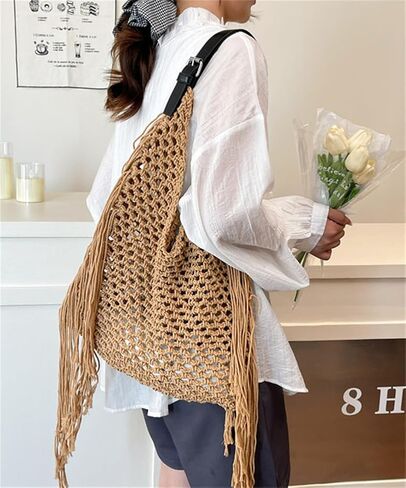 Summer Crochet Shoulder Bags for Women Fringe Hollow Woven Hobo Tote Handbag Large Fashion Travel Beach Purse in Saudi Arabia