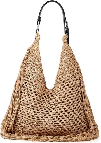 Summer Crochet Shoulder Bags for Women Fringe Hollow Woven Hobo Tote Handbag Large Fashion Travel Beach Purse in Saudi Arabia