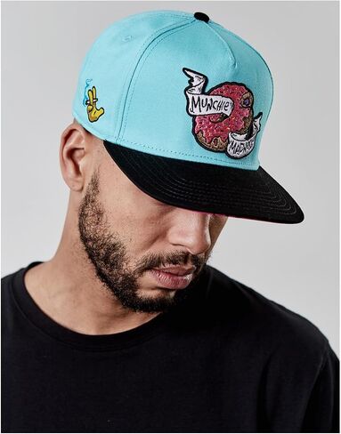 Munchie Madness Snapback Cap, Light Blue and Black, Hip-Hop Streetwear, Embroidered Donut Graphic, Adjustable Fit, Unisex in Kuwait