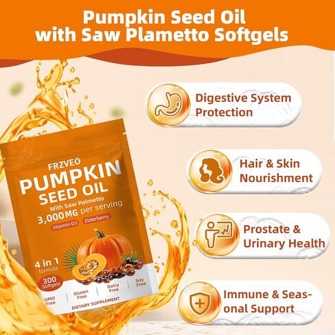 300 Capsules Cold Pressed Pumpkin Seed Oil with Saw Palmetto, Vitamin D3 & Elderberry – Virgin Oil, Supports Prostate, Hair & Urinary Health (Aceite de Semilla de Calabaza) in Saudi Arabia