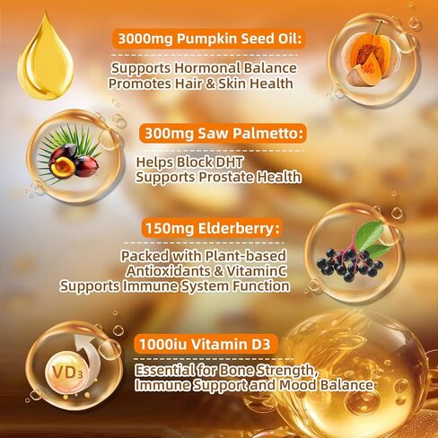 300 Capsules Cold Pressed Pumpkin Seed Oil with Saw Palmetto, Vitamin D3 & Elderberry – Virgin Oil, Supports Prostate, Hair & Urinary Health (Aceite de Semilla de Calabaza) in Saudi Arabia
