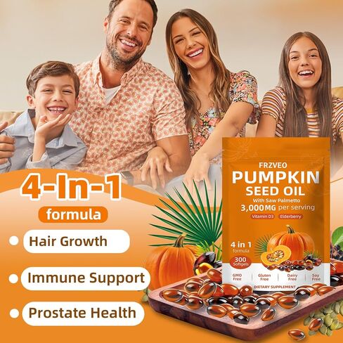 300 Capsules Cold Pressed Pumpkin Seed Oil with Saw Palmetto, Vitamin D3 & Elderberry – Virgin Oil, Supports Prostate, Hair & Urinary Health (Aceite de Semilla de Calabaza) in Saudi Arabia
