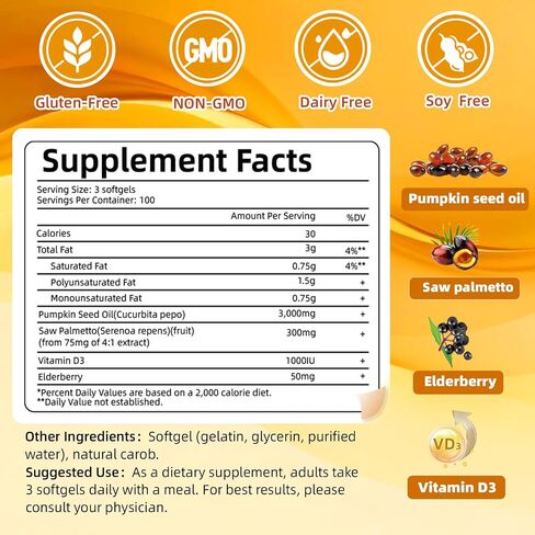 300 Capsules Cold Pressed Pumpkin Seed Oil with Saw Palmetto, Vitamin D3 & Elderberry – Virgin Oil, Supports Prostate, Hair & Urinary Health (Aceite de Semilla de Calabaza) in Saudi Arabia