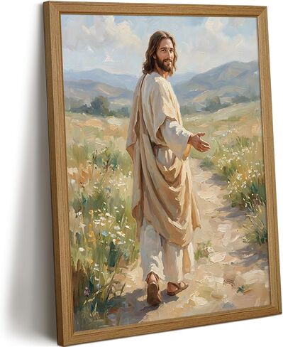 Jesus Walking Path Wall Art Christian Poster Religious Canvas Wall Decor Follow Christ Pictures Jesus Portrait Prints Catholic Art Painting for Living Room Prayer Room 8x10 Inch Framed in Kuwait