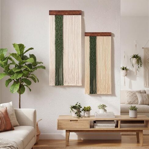 Fumete 2 Pcs Macrame Wall Hanging with Leaf and Feathers Boho Wall Tapestry for Bedroom Long Handmade Woven Decor for Headboard Decor Living Room Home Office(Rectangle) in Saudi Arabia