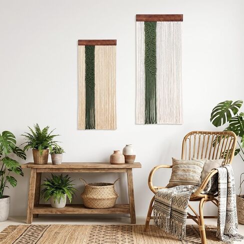 Fumete 2 Pcs Macrame Wall Hanging with Leaf and Feathers Boho Wall Tapestry for Bedroom Long Handmade Woven Decor for Headboard Decor Living Room Home Office(Rectangle) in Saudi Arabia