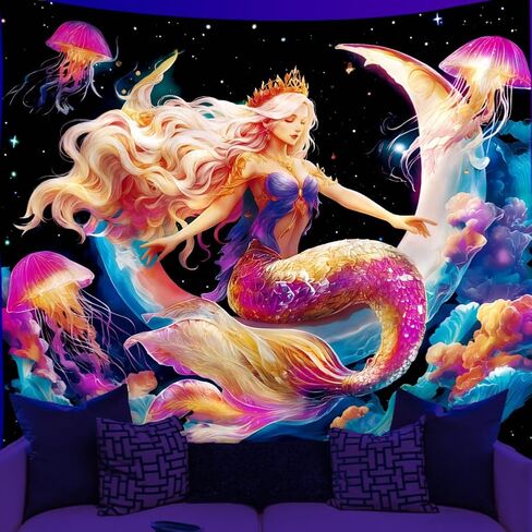 WEBEEDY Blacklight Mermaid Moon Wall Tapestry Fantasy Galaxy Space Jellyfish Tapestry UV Reactive Glow In The Dark Poster Backdrop Wall Decor for Bedroom Gamer Room Dorm Living Room Decor Halloween, 150x130cm/59x51 Inches in Kuwait
