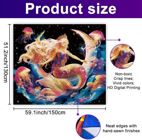 WEBEEDY Blacklight Mermaid Moon Wall Tapestry Fantasy Galaxy Space Jellyfish Tapestry UV Reactive Glow In The Dark Poster Backdrop Wall Decor for Bedroom Gamer Room Dorm Living Room Decor Halloween, 150x130cm/59x51 Inches in Kuwait