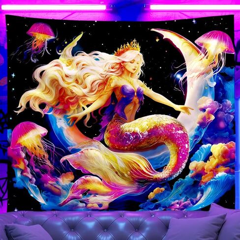 WEBEEDY Blacklight Mermaid Moon Wall Tapestry Fantasy Galaxy Space Jellyfish Tapestry UV Reactive Glow In The Dark Poster Backdrop Wall Decor for Bedroom Gamer Room Dorm Living Room Decor Halloween, 150x130cm/59x51 Inches in Kuwait