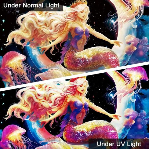 WEBEEDY Blacklight Mermaid Moon Wall Tapestry Fantasy Galaxy Space Jellyfish Tapestry UV Reactive Glow In The Dark Poster Backdrop Wall Decor for Bedroom Gamer Room Dorm Living Room Decor Halloween, 150x130cm/59x51 Inches in Kuwait