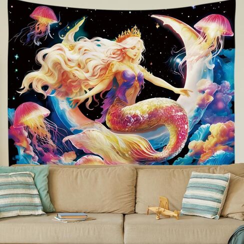 WEBEEDY Blacklight Mermaid Moon Wall Tapestry Fantasy Galaxy Space Jellyfish Tapestry UV Reactive Glow In The Dark Poster Backdrop Wall Decor for Bedroom Gamer Room Dorm Living Room Decor Halloween, 150x130cm/59x51 Inches in Kuwait
