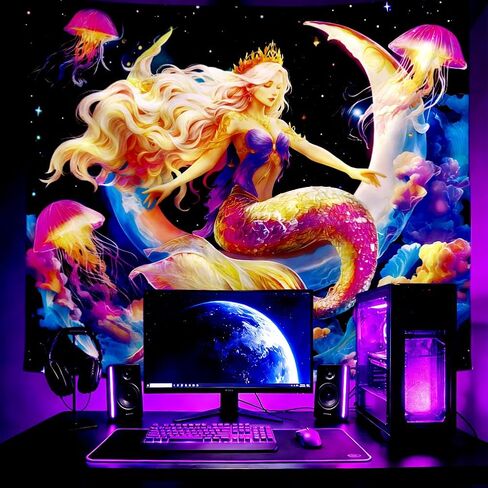 WEBEEDY Blacklight Mermaid Moon Wall Tapestry Fantasy Galaxy Space Jellyfish Tapestry UV Reactive Glow In The Dark Poster Backdrop Wall Decor for Bedroom Gamer Room Dorm Living Room Decor Halloween, 150x130cm/59x51 Inches in Kuwait