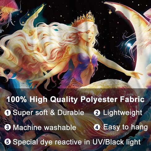 WEBEEDY Blacklight Mermaid Moon Wall Tapestry Fantasy Galaxy Space Jellyfish Tapestry UV Reactive Glow In The Dark Poster Backdrop Wall Decor for Bedroom Gamer Room Dorm Living Room Decor Halloween, 150x130cm/59x51 Inches in Kuwait