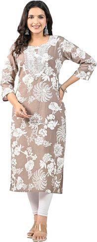 Meyali Cotton Kurtis for Women | Straight Fit Printed Kurta | 3/4 Sleeves Tunic Top | Casual Indian Kurti for Women in Saudi Arabia