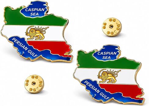 3-Pack Iran Map Lapel Pins Lion & Sun – Pahlavi Historical Flag Design, Gold-Tone Enamel Metal, Butterfly Clutch Back, Caspian Sea & Persian Gulf in Kuwait