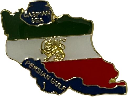 3-Pack Iran Map Lapel Pins Lion & Sun – Pahlavi Historical Flag Design, Gold-Tone Enamel Metal, Butterfly Clutch Back, Caspian Sea & Persian Gulf in Kuwait
