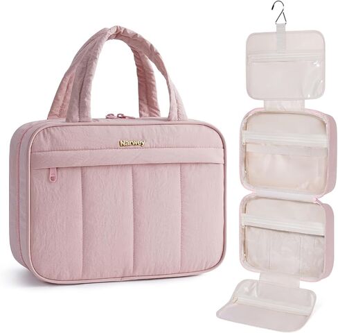 Narwey Hanging Travel Toiletry Bag for Women, Quilted Makeup Bag Organizer with Handle, Portable Toiletries Bag for Travel Essentials, Accessories, Brushes, Cosmetics (Pink) in Saudi Arabia